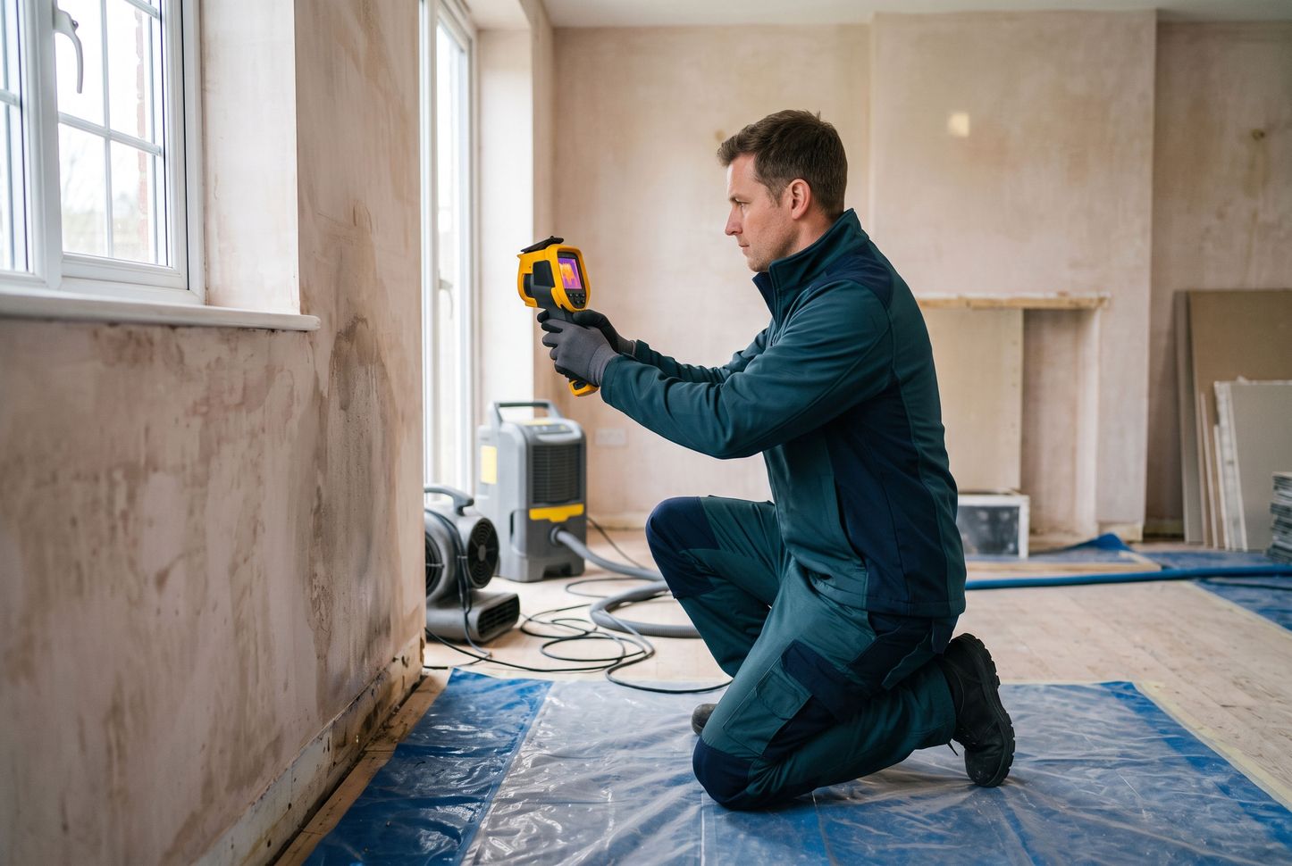 Techniker untersucht mit einer Wärmebildkamera eine durchfeuchtete Wand, im Hintergrund läuft ein Bautrockner